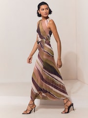 Lipsy Olive and Burgundy Stripe Mesh Tie Knot Front Sleeveless Midaxi Dress - Image 1 of 5