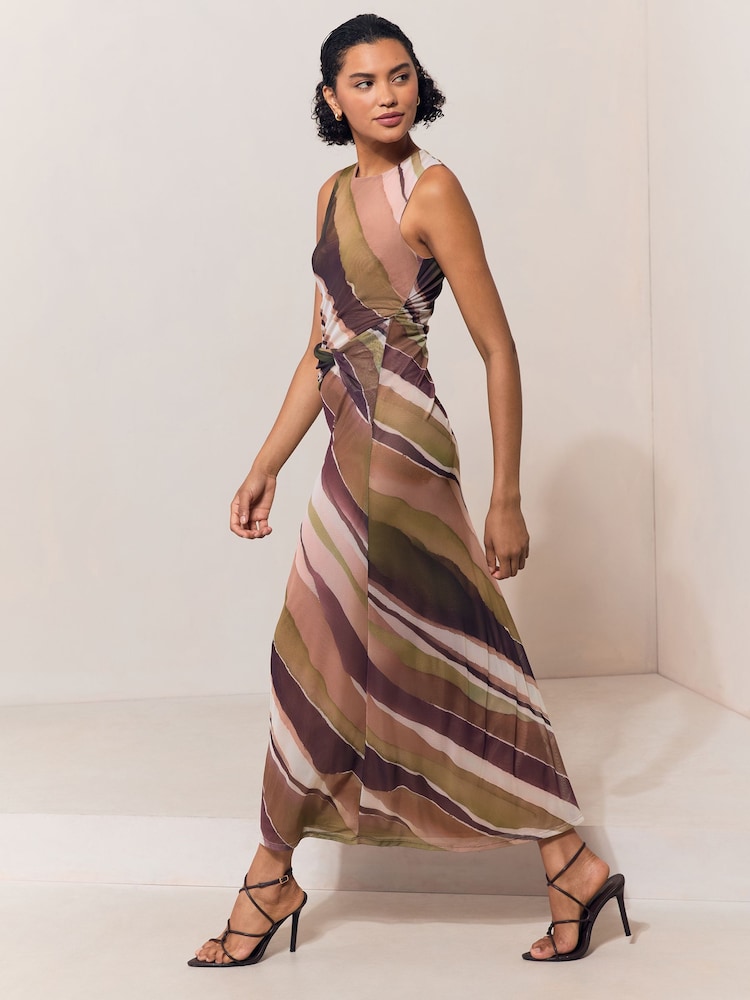 Lipsy Olive and Burgundy Stripe Mesh Tie Knot Front Sleeveless Midaxi Dress - Image 1 of 5 Lipsy Olive and Burgundy Stripe Mesh Tie Knot Front Sleeveless Midaxi Dress - Image 1 of 5