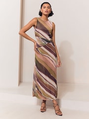 Lipsy Olive and Burgundy Stripe Mesh Tie Knot Front Sleeveless Midaxi Dress - Image 3 of 5