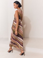 Lipsy Olive and Burgundy Stripe Mesh Tie Knot Front Sleeveless Midaxi Dress - Image 5 of 5