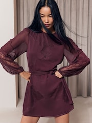 Lipsy Burgundy Red Lace Dobby Chiffon Mix Tie Waist Mini Dress - Image 1 of 5