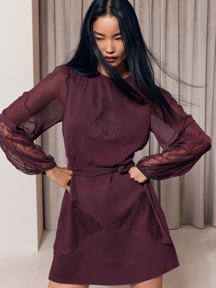 Lipsy Burgundy Red Lace Dobby Chiffon Mix Tie Waist Mini Dress - Image 1 of 5