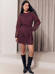 Lipsy Burgundy Red Lace Dobby Chiffon Mix Tie Waist Mini Dress - Image 2 of 5