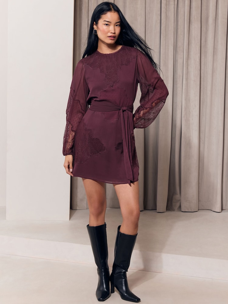 Lipsy Burgundy Red Lace Dobby Chiffon Mix Tie Waist Mini Dress - Image 2 of 5