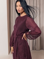 Lipsy Burgundy Red Lace Dobby Chiffon Mix Tie Waist Mini Dress - Image 3 of 5