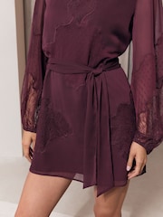 Lipsy Burgundy Red Lace Dobby Chiffon Mix Tie Waist Mini Dress - Image 4 of 5
