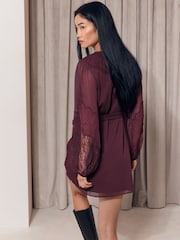 Lipsy Burgundy Red Lace Dobby Chiffon Mix Tie Waist Mini Dress - Image 5 of 5