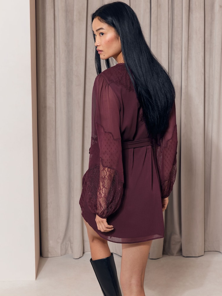 Lipsy Burgundy Red Lace Dobby Chiffon Mix Tie Waist Mini Dress - Image 5 of 5