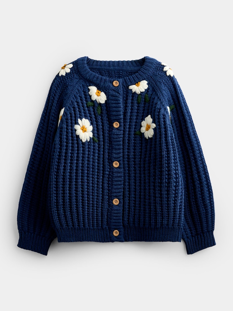JoJo Maman Bébé Mid Blue Floral Embroidered Rib Knit Cardigan - Image 1 of 4