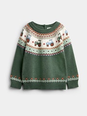 JoJo Maman Bébé Khaki Green Tractor Fairisle Knitted Jumper - Image 1 of 4