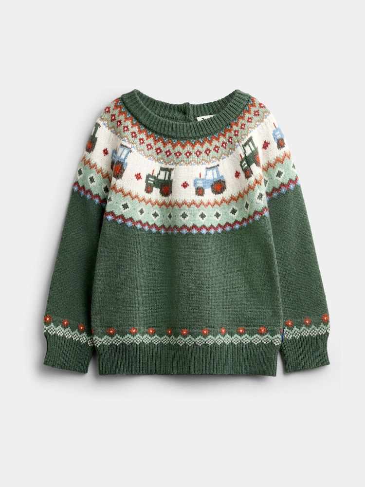 JoJo Maman Bébé Khaki Green Tractor Fairisle Knitted Jumper - Image 1 of 4 JoJo Maman Bébé Khaki Green Tractor Fairisle Knitted Jumper - Image 1 of 4