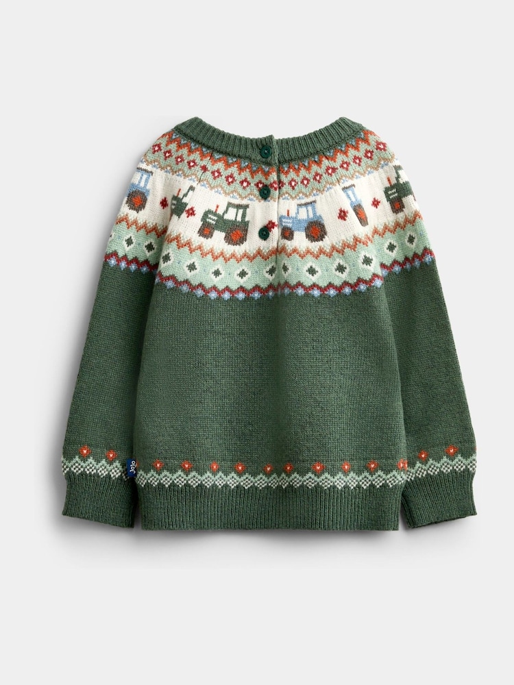 JoJo Maman Bébé Khaki Green Tractor Fairisle Knitted Jumper - Image 2 of 4 JoJo Maman Bébé Khaki Green Tractor Fairisle Knitted Jumper - Image 2 of 4