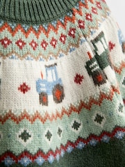 JoJo Maman Bébé Khaki Green Tractor Fairisle Knitted Jumper - Image 3 of 4