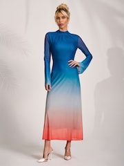 Jolie Moi Blue Long Sleeve High Neck Mesh Dress - Image 4 of 6