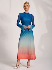 Jolie Moi Blue Long Sleeve High Neck Mesh Dress - Image 6 of 6