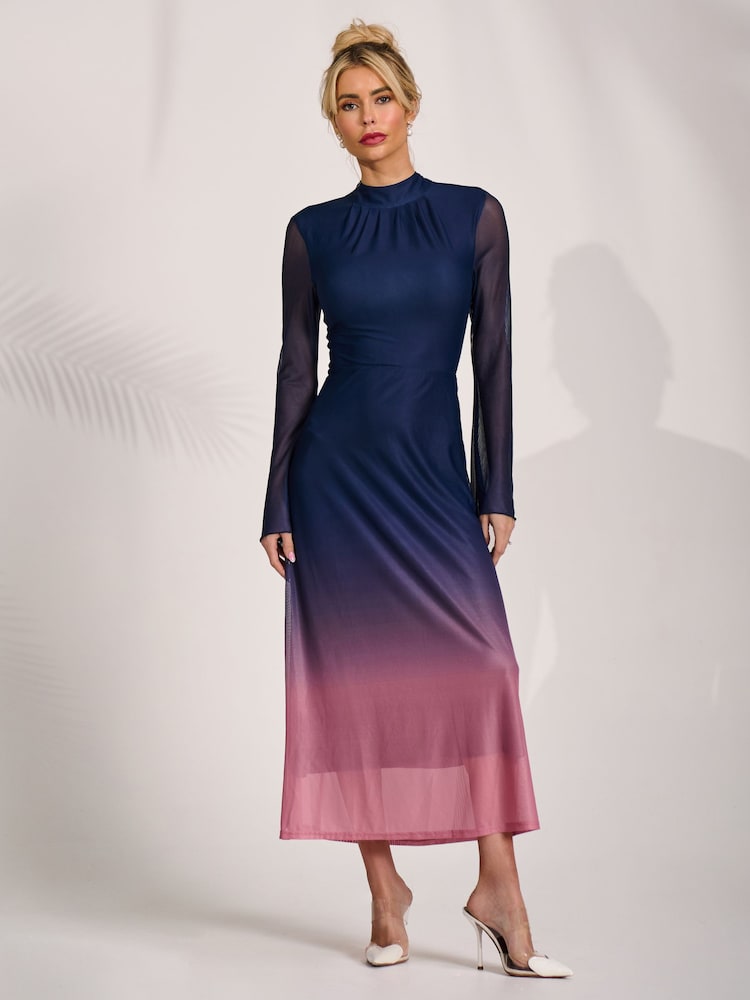 Jolie Moi Pink Long Sleeve High Neck Mesh Dress - Image 1 of 6