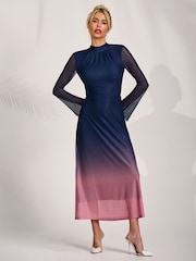 Jolie Moi Pink Long Sleeve High Neck Mesh Dress - Image 4 of 6
