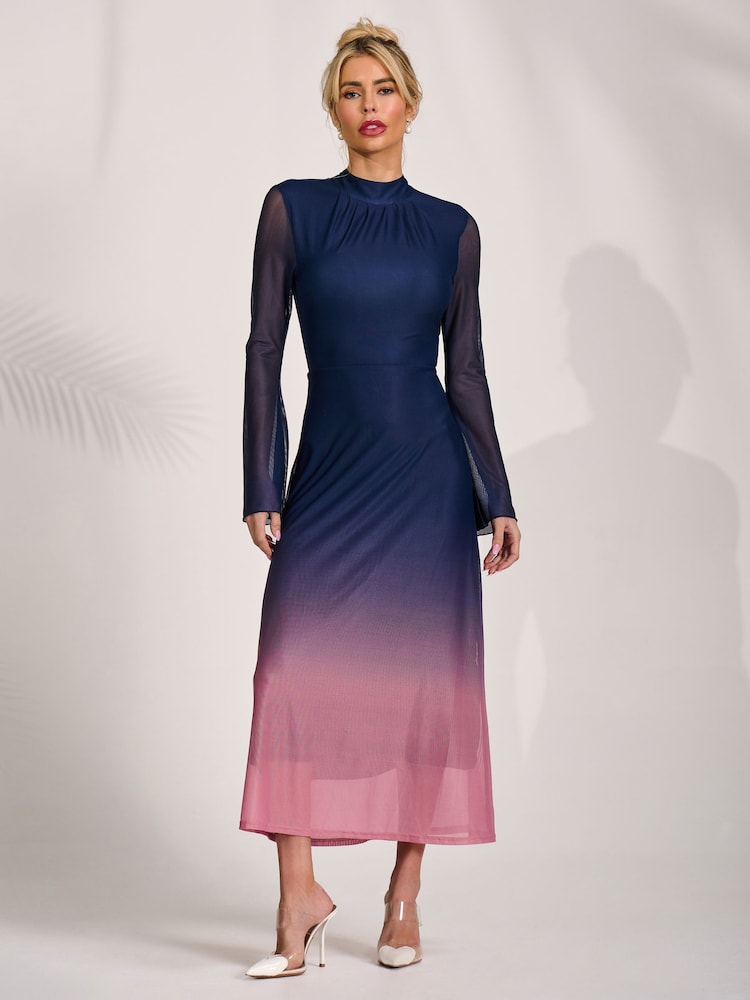 Jolie Moi Pink Long Sleeve High Neck Mesh Dress - Image 6 of 6