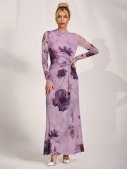 Jolie Moi Purple High Neck Long Sleeve Mesh Maxi Dress - Image 1 of 6