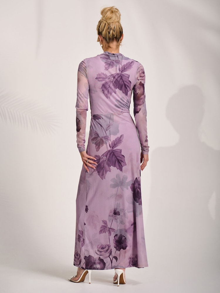 Jolie Moi Purple High Neck Long Sleeve Mesh Maxi Dress - Image 2 of 6 Jolie Moi Purple High Neck Long Sleeve Mesh Maxi Dress - Image 2 of 6