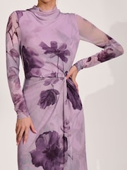 Jolie Moi Purple High Neck Long Sleeve Mesh Maxi Dress - Image 3 of 6