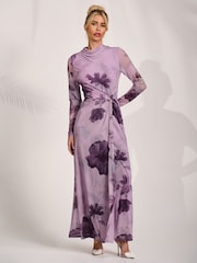 Jolie Moi Purple High Neck Long Sleeve Mesh Maxi Dress - Image 4 of 6