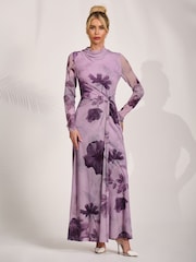 Jolie Moi Purple High Neck Long Sleeve Mesh Maxi Dress - Image 5 of 6