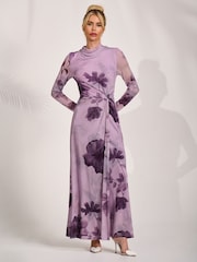 Jolie Moi Purple High Neck Long Sleeve Mesh Maxi Dress - Image 6 of 6