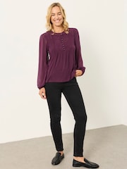 FatFace Winnie Plum Purple Woven Jersey Mix Top - Image 4 of 6