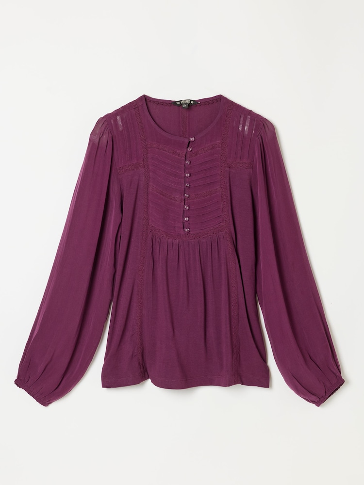 FatFace Winnie Plum Purple Woven Jersey Mix Top - Image 6 of 6