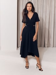 Lipsy Black Zip Front V-Neck Gold Hardware Trim Hanky Hem  Midi Dress - Image 1 of 5