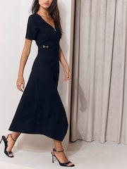 Lipsy Black Zip Front V-Neck Gold Hardware Trim Hanky Hem  Midi Dress - Image 2 of 5