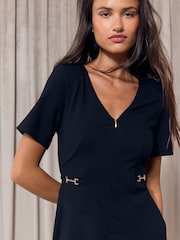 Lipsy Black Zip Front V-Neck Gold Hardware Trim Hanky Hem  Midi Dress - Image 3 of 5
