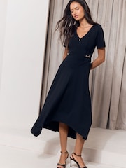 Lipsy Black Zip Front V-Neck Gold Hardware Trim Hanky Hem  Midi Dress - Image 4 of 5