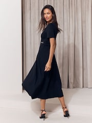 Lipsy Black Zip Front V-Neck Gold Hardware Trim Hanky Hem  Midi Dress - Image 5 of 5