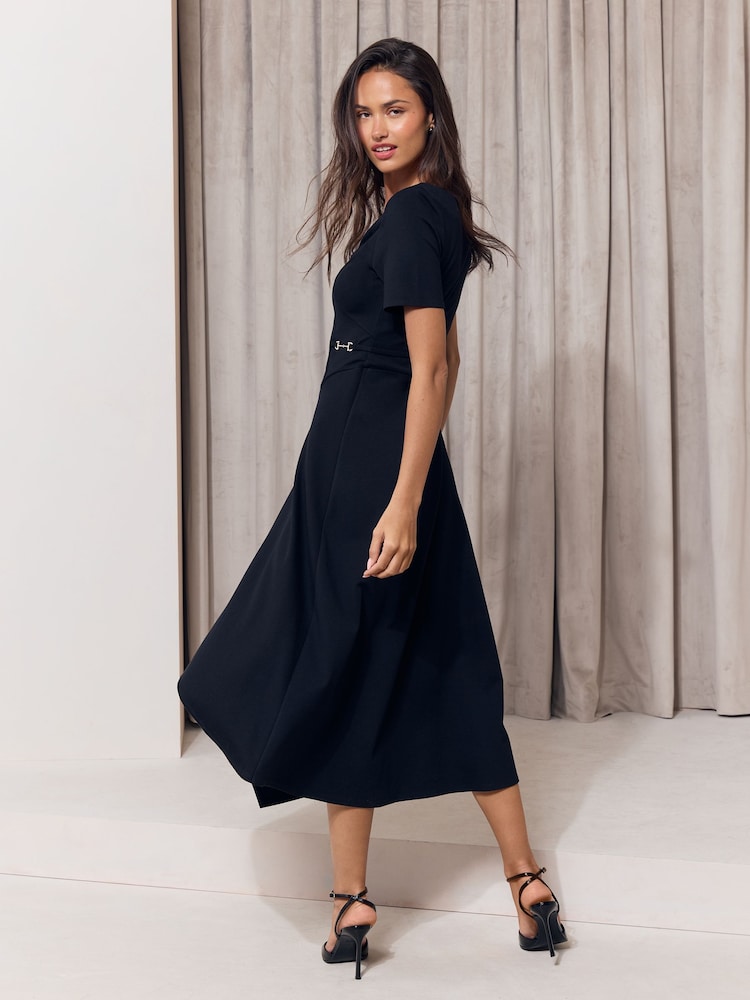 Lipsy Black Zip Front V-Neck Gold Hardware Trim Hanky Hem Midi Dress - Image 5 of 5 Lipsy Black Zip Front V-Neck Gold Hardware Trim Hanky Hem Midi Dress - Image 5 of 5