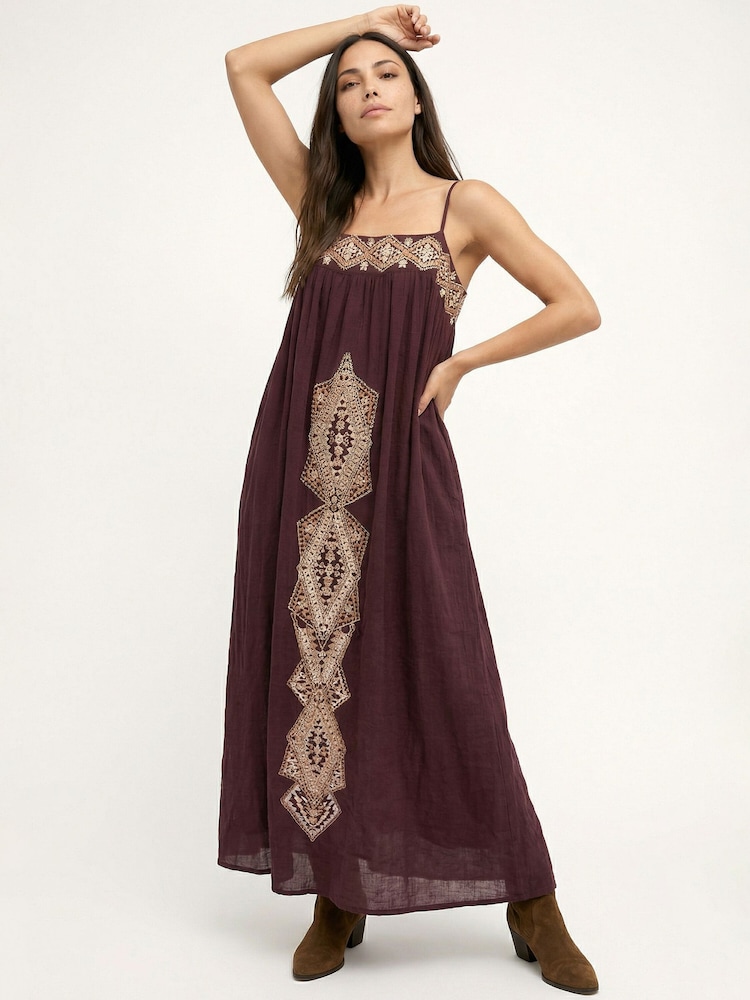 Raffya Purple Sapphire Spaghetti Strap Embroidered Maxi Dress - Image 1 of 4