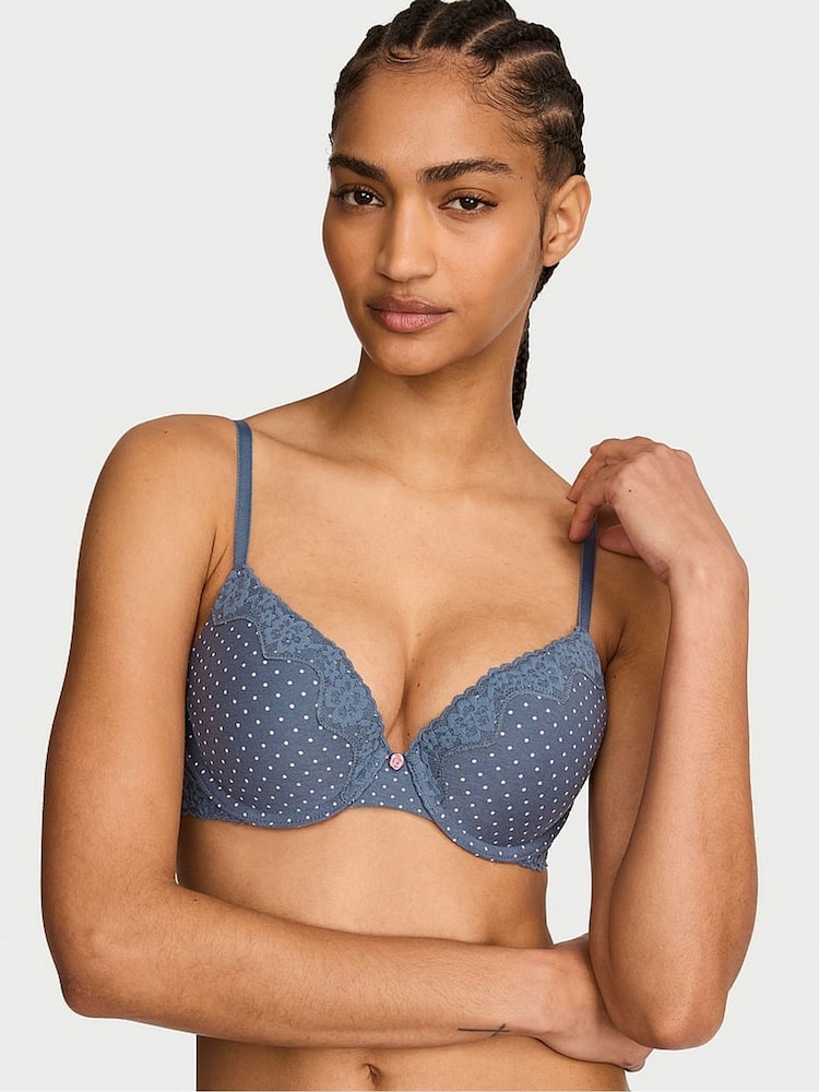 Victoria's Secret Bluestream Polka Dot Full Cup Push Up Cotton Lace Trim Bra - Image 1 of 2 Victoria's Secret Bluestream Polka Dot Full Cup Push Up Cotton Lace Trim Bra - Image 1 of 2