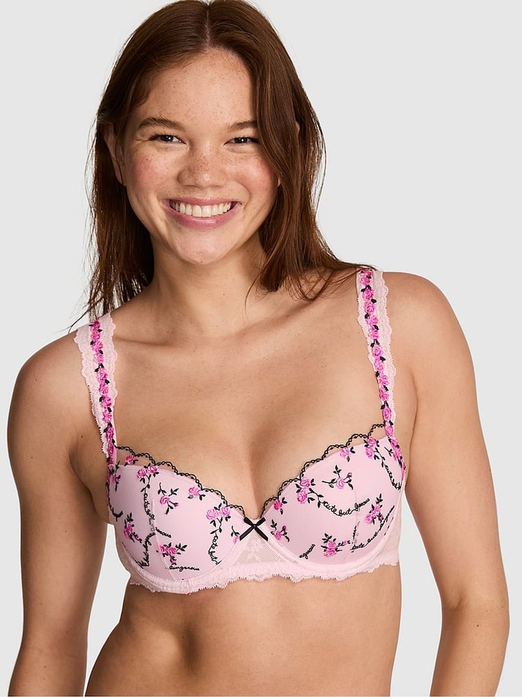 Victoria's Secret Pink Pink Tulip Push Up Cute But Dangerous Embroidery Bra - Image 2 of 3 Victoria's Secret Pink Pink Tulip Push Up Cute But Dangerous Embroidery Bra - Image 2 of 3
