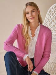 Pure Collection Rosy Pink Cashmere V-Neck Long Sleeve Cardigan - Image 1 of 3