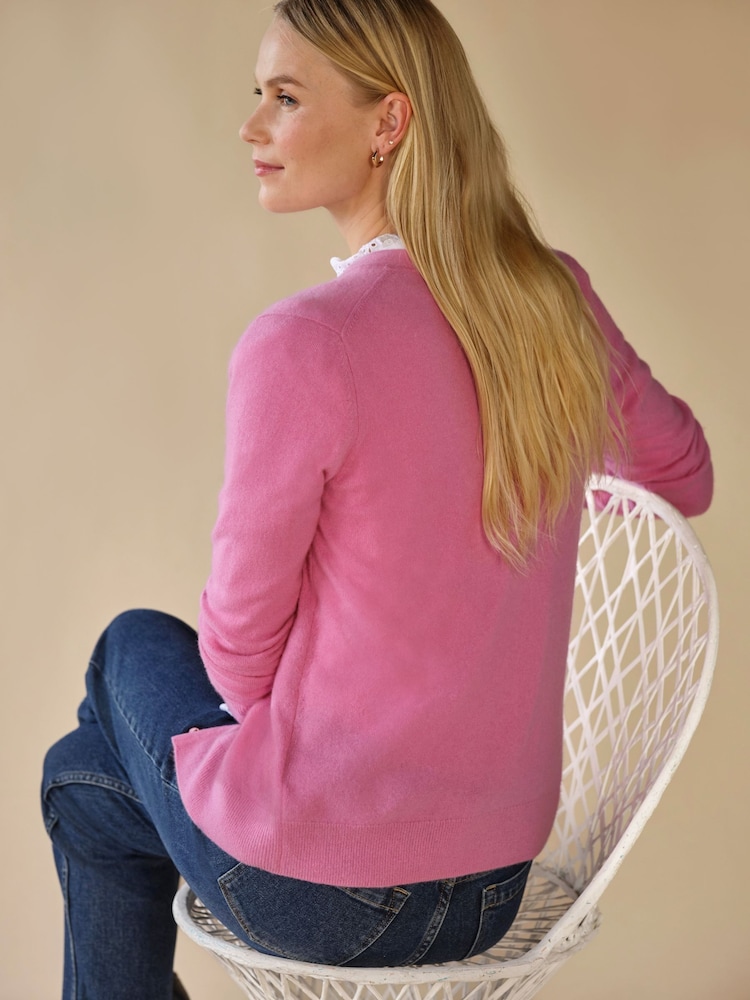 Pure Collection Rosy Pink Cashmere V-Neck Long Sleeve Cardigan - Image 2 of 3 Pure Collection Rosy Pink Cashmere V-Neck Long Sleeve Cardigan - Image 2 of 3