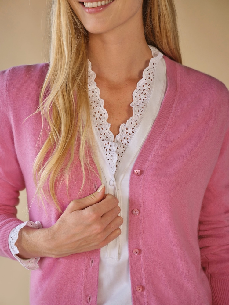 Pure Collection Rosy Pink Cashmere V-Neck Long Sleeve Cardigan - Image 3 of 3 Pure Collection Rosy Pink Cashmere V-Neck Long Sleeve Cardigan - Image 3 of 3