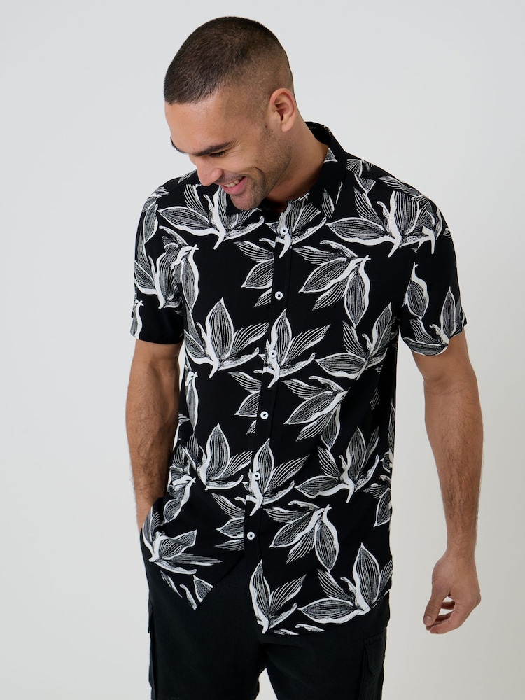 Threadbare Black Leaf Print Short Sleeve Shirt - Image 1 of 4