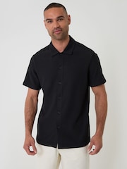 Threadbare Black Plisse Rib Short Sleeve Shirt - Image 1 of 4