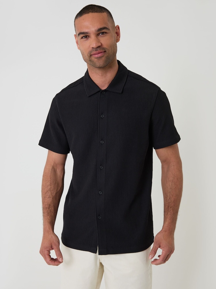 Threadbare Black Plisse Rib Short Sleeve Shirt - Image 1 of 4 Threadbare Black Plisse Rib Short Sleeve Shirt - Image 1 of 4