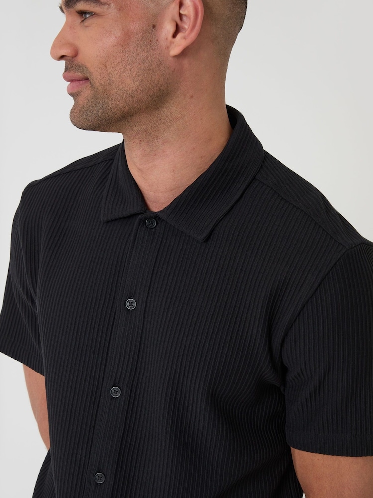 Threadbare Black Plisse Rib Short Sleeve Shirt - Image 4 of 4 Threadbare Black Plisse Rib Short Sleeve Shirt - Image 4 of 4