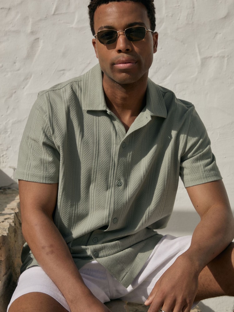 Threadbare Green Knitted Cotton Blend Short Sleeve Shirt - Image 1 of 6 Threadbare Green Knitted Cotton Blend Short Sleeve Shirt - Image 1 of 6