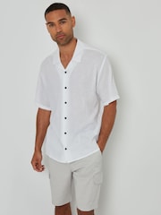 Threadbare White Relaxed Fit Linen Blend Revere Collar Short Sleeve Shirt - Image 2 of 5