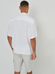 Threadbare White Relaxed Fit Linen Blend Revere Collar Short Sleeve Shirt - Image 3 of 5
