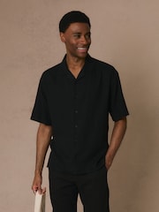 Threadbare Black Relaxed Fit Linen Blend Revere Collar Short Sleeve Shirt - Image 1 of 5